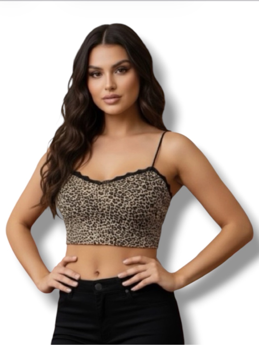 SHEIN NWT Top SXY Brown Black Leopard Lace Trim Bralette Cami Cropped Size M 🍭